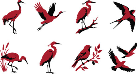 Fototapeta premium Red and Black Bird Silhouette Collection Vector Set Featuring Cranes Herons Songbirds and Flying Birds
