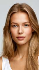 Naklejka premium young blonde woman portrait with natural beauty, closeup portrait of blonde woman with blue eyes, elegant young blonde woman in white dress studio portrait