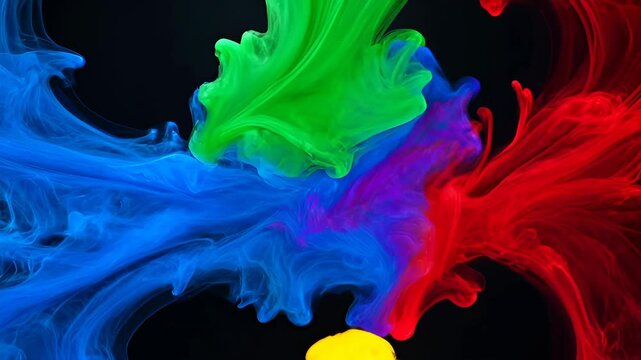 Abstract smoke colours, blue smoke and red smoke on black background with flowing multicolor paint cloud, green smoke above, dynamic fluid art in vivid colour contrast and dark empty space