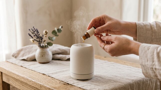 Person adding essential oils into ultrasonic diffuser on wooden table with dried lavender and eucalyptus creating aromatherapy atmosphere for relaxation at home.