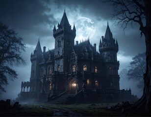 Obraz premium Mystical Medieval Castle in a Dark Forest at Night with Gothic Towers Ancient Architecture Moonlit Sky and Enchanted Woodland Landscape