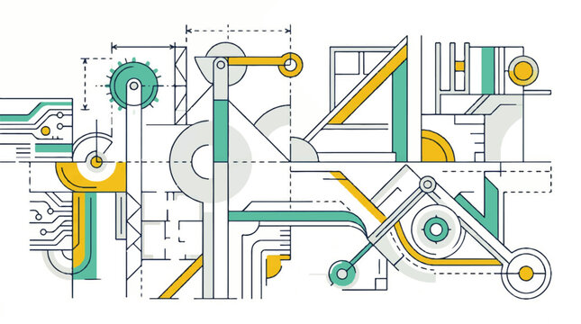 A minimal geometric vector illustration depicts industrial machinery components in a technological setting with gears, levers, and mechanical parts.