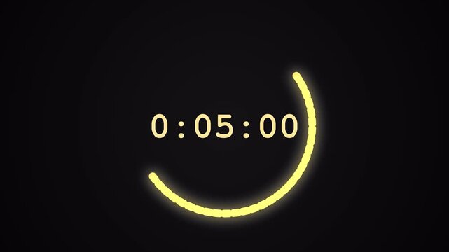 10 second countdown timer sequence with yellow number text glowing from 10 to 0 with a solid yellow circle element. Circle countdown timer 10 sec on black background 4K UHD