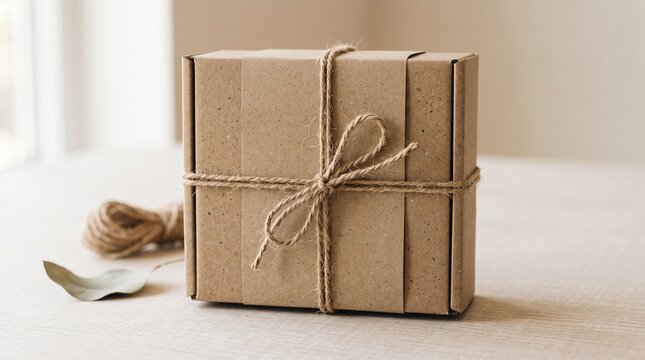 Gift box wrapped in brown craft paper and tied with rustic twine on a light beige background