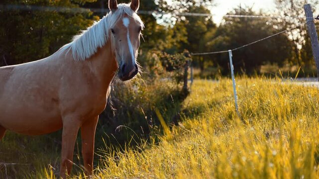 Palomino horse grazing on a green pasture. Golden sunlit equine eating grass in a field. Rural livestock scenery near a fence. Domestic mammal in nature life.