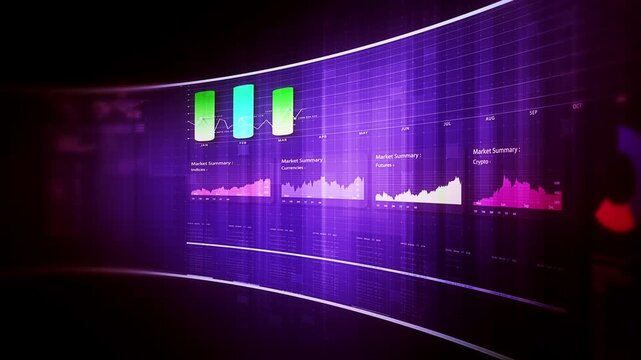 Global financial data visualization, stock market analytics, world map with rising growth chart, big data technology, digital economy, fintech trading interface, futuristic business background