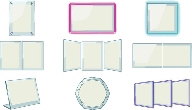 Clear Acrylic Display Holder and Glass Frame Vector Set Featuring Desktop Menu Stands Neon Lighted Borders Triptych Brochure Displays and Empty Placard Elements