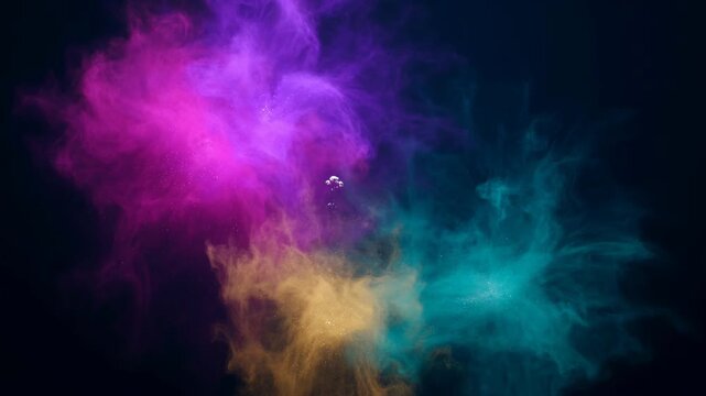 Abstract smoke colours on dark background with magenta gold and cyan cloud creating vivid motion, colourful powder cloud burst and dramatic contrast