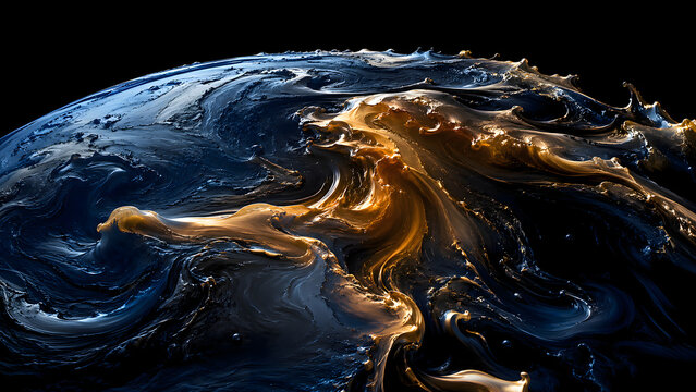Dark Blue and Gold Liquid Planet Surface with Swirling Waves on Black Background