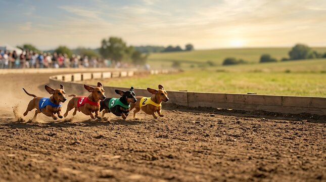 Dachshund dogs racing on a dirt track during sunset competition