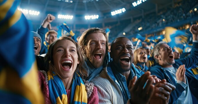 Football fans cheering in stadium with blue and yellow flags