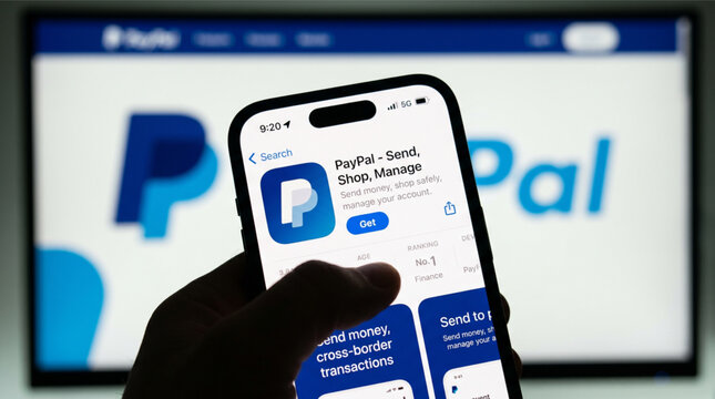 In this photo illustration, the PayPal app interface is seen displayed on a smartphone screen held by a hand, with a large blurred PayPal brand logo on a television screen in the background.
