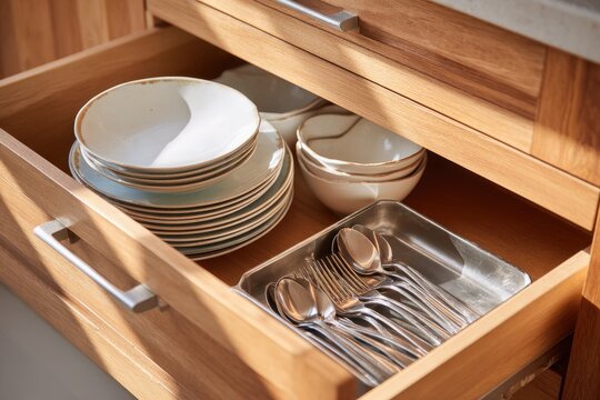 Open kitchen drawers with neatly stacked ceramic plates and organized cutlery in a tidy modern cabinet