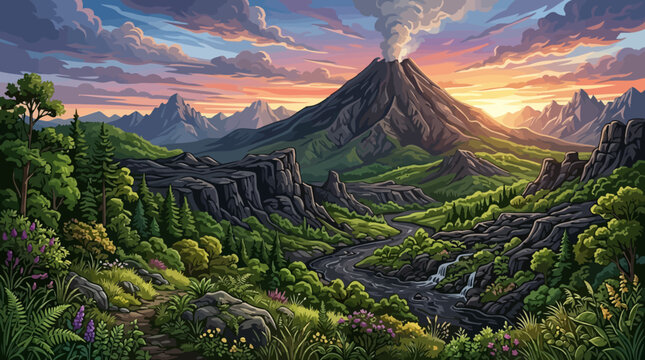 Volcano Mountain Landscape Nature Scene.