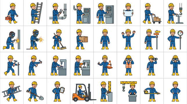 Collection of Blue Coverall Worker Mascot Characters in Dynamic Industrial Action Poses Editable Stroke Set