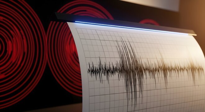 A seismograph machine recording seismic waves on paper, with abstract red circles in the background.