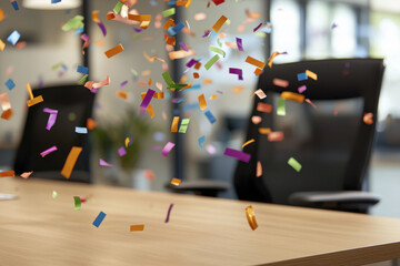 Obraz premium Vibrant office scene filled with colorful confetti falling over wooden table, creating festive atmosphere