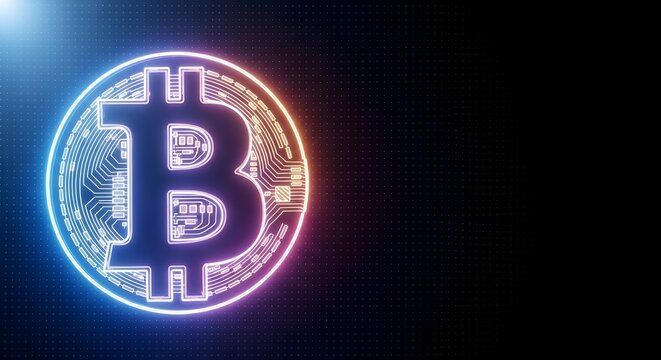 Neon glowing Bitcoin cryptocurrency logo with circuit board details on a dark digital background.