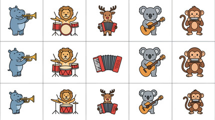 Colorful Cartoon Animal Band with Musical Instruments Playful Childrens Mascots Featuring Hippo Trumpet Player Lion Drummer Reindeer Accordionist Koala Guitarist and Monkey Harmonica Perform © Tulo