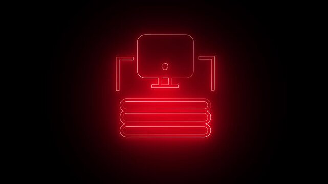 Desktop computer icon glowing in bright red neon light stands out against a pitch black background representing modern digital desktop computing technology and workstation data processing system.