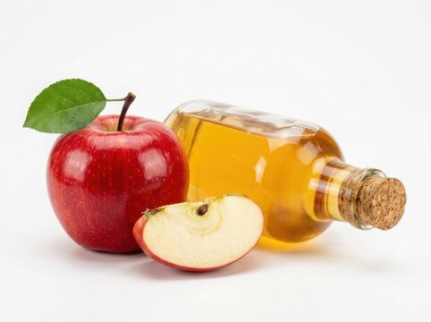 Fresh red apple with a leaf, a slice of apple, and a glass bottle of apple cider vinegar isolated on white background
