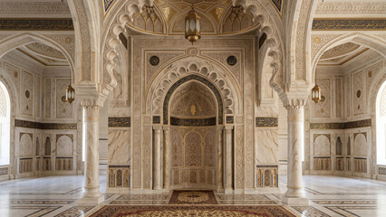 Obraz premium Elegant Islamic wall niche surrounded by decorative arches and refined architectural details. A sophisticated interior element inspired by traditional Islamic artistry.