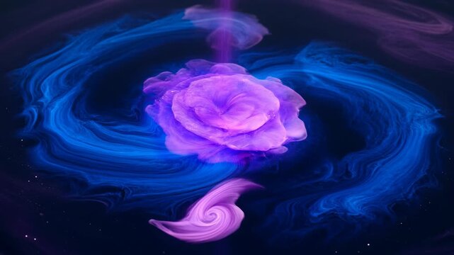 Abstract smoke colours purple blue swirling flower form cosmic background, fluid swirl vivid purple and blue smoke forms dynamic abstract swirl dark background, glowing dramatic cosmic atmosphere