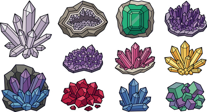 Colorful Raw Crystal Clusters and Geodes Vector Illustration Set Featuring Amethyst Quartz Emerald Citrine Ruby and Various Magical Mineral Specimen Formations