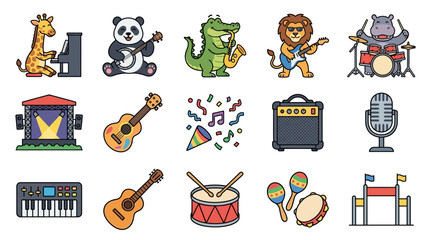 Colorful children's music festival featuring animal band with giraffe playing piano panda strumming banjo alligator jazz saxophonist lion electric guitar and hippo drummer in vibrant cartoon © Tulo