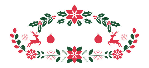 Christmas Floral Frame with Poinsettia Reindeer Holly and Snowflake Vector Border © UIA Design 