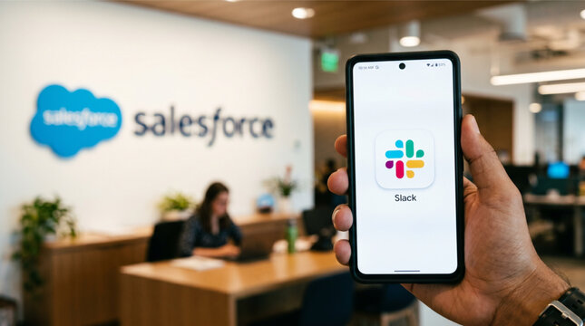 Close-up of a hand holding a smartphone displaying the Slack logo icon on its screen, set against a blurred background of the Salesforce office corporate logo and interior workspace environment.