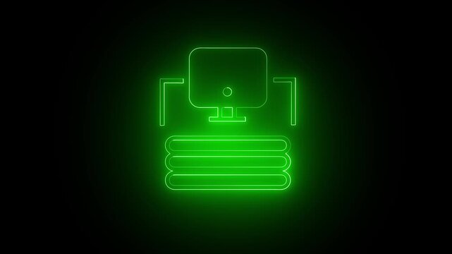 Desktop computer icon glowing in bright green neon light stands out against a pitch black background representing modern digital desktop computing technology and workstation data processing system.