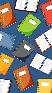 Seamless colorful spiral notebook pattern on a blue background featuring open and closed notebooks. Perfect for back to school, education, classroom, learning, stationery, and academic projects.