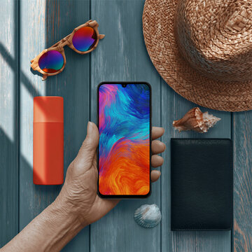Summer Travel Flat Lay With Smartphone, Hat, Sunglasses and Sunscreen