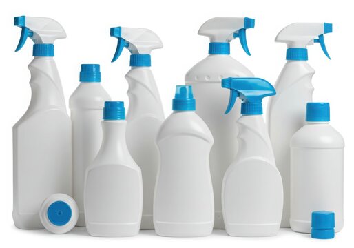 Collection of white spray bottles with blue triggers isolated on white background