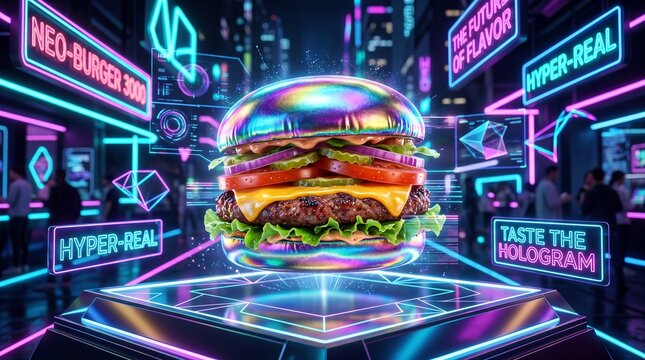 Holographic hamburger chrome rainbow neon futuristic digital city night lettuce tomato cheese glowing vibrant hyper real