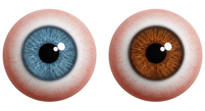 Hyper-realistic 3D depiction of blue and brown human eyeballs side by side showing iris color contrast and anatomical detail