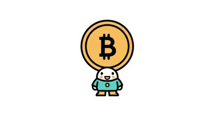 Cartoon character holding Bitcoin coin.