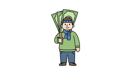 Cartoon man holding green umbrella smiling.