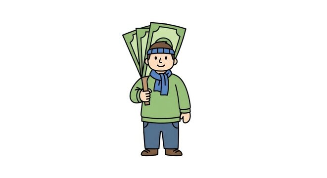 Cartoon man holding green umbrella smiling.