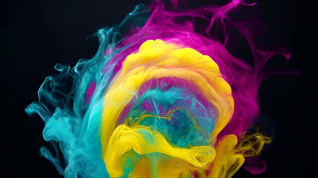 Abstract smoke colours fluid swirl motion texture pattern ink paint blue cyan yellow magenta black background artistic digital design modern vibrant luminous dreamy dynamic flow energy color splash