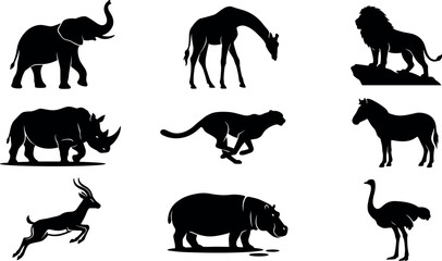 African Safari Wild Animal Silhouette Set Featuring Elephant Giraffe Lion Rhinoceros Cheetah Zebra Hippo Gazelle and Ostrich Shapes for Nature Wildlife Designs © Md