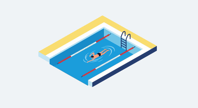 Isometric Vector Illustration of Swimmers in a Pool with Diving Board