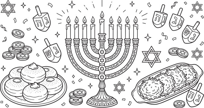 Hanukkah coloring page vector illustration with menorah candles dreidels gelt coins latkes and sufganiyot donuts for kids activity