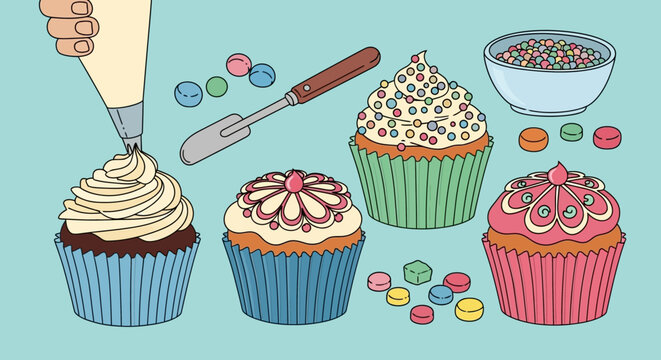 Cupcakes Being Decorated Vector Illustration