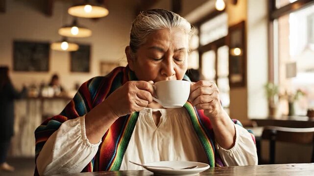 Senior woman in a colorful shawl enjoys coffee in a cafe