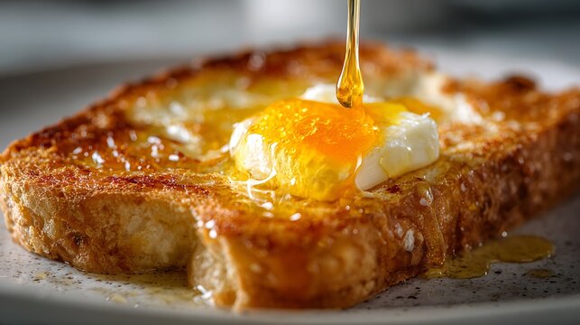 Close up of golden honey drizzling onto a slice of toasted bread with butter.