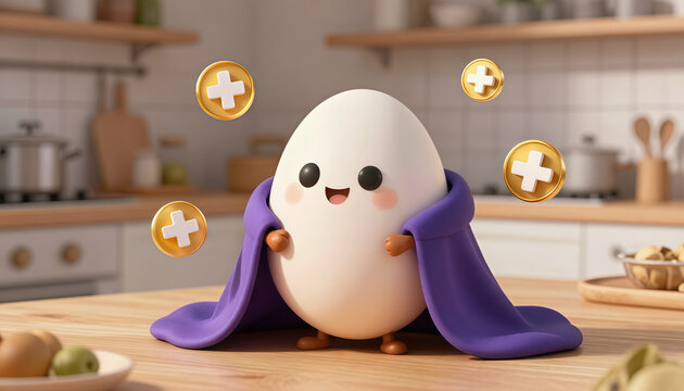 Cute 3D egg superhero character with health bonus coins in kitchen