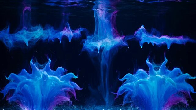 Abstract smoke colours blue and purple fluid art in dark water with glowing plume and soft bloom, underwater ink splash and flowing liquid shape on dark background