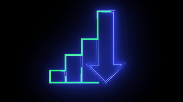 Bar chart glowing in vibrant blue light depicts a decreasing numerical trend with a prominent downward arrow signaling reduced fiscal output or negative profit margins for your professional report.